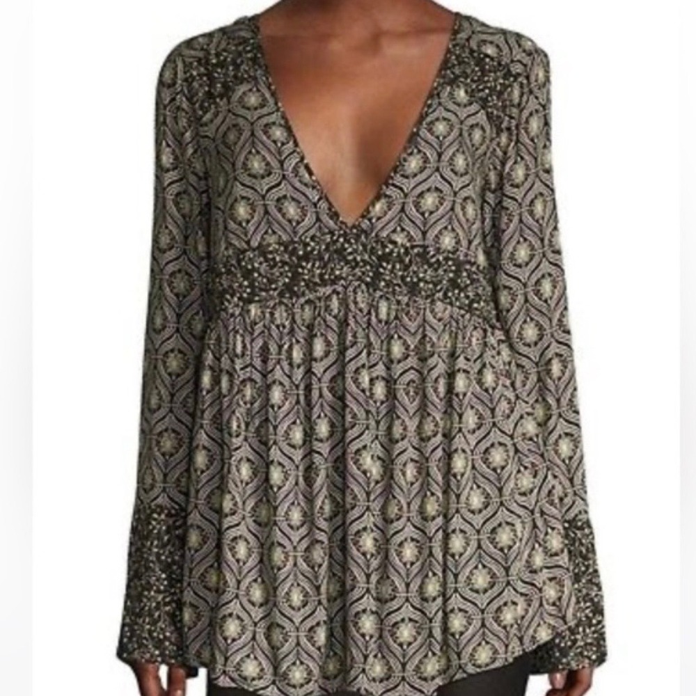 Free People Rolling Hills Tunic Blouse Black Cream Geometric V-Neck XS